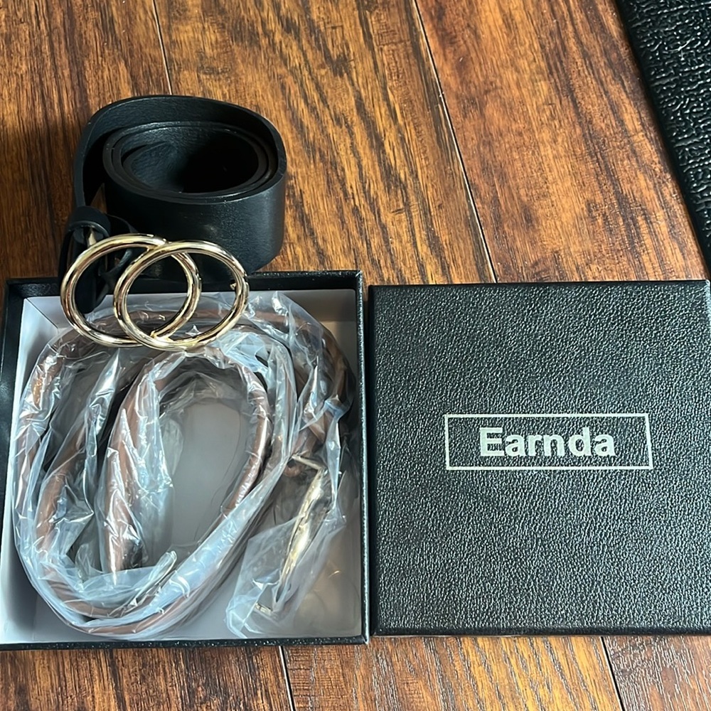 Earnda Women’s Faux Leather Belts Dress Double Buckle 2 Pieces Blk&Brown XS